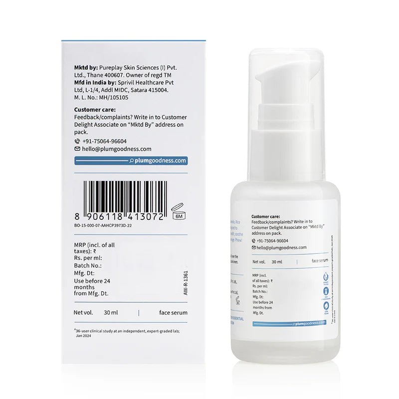 Plum - 10% Niacinamide &amp; Rice Water Brightening Face Serum – Clear, Bright & Even-Toned Skin (30ml)