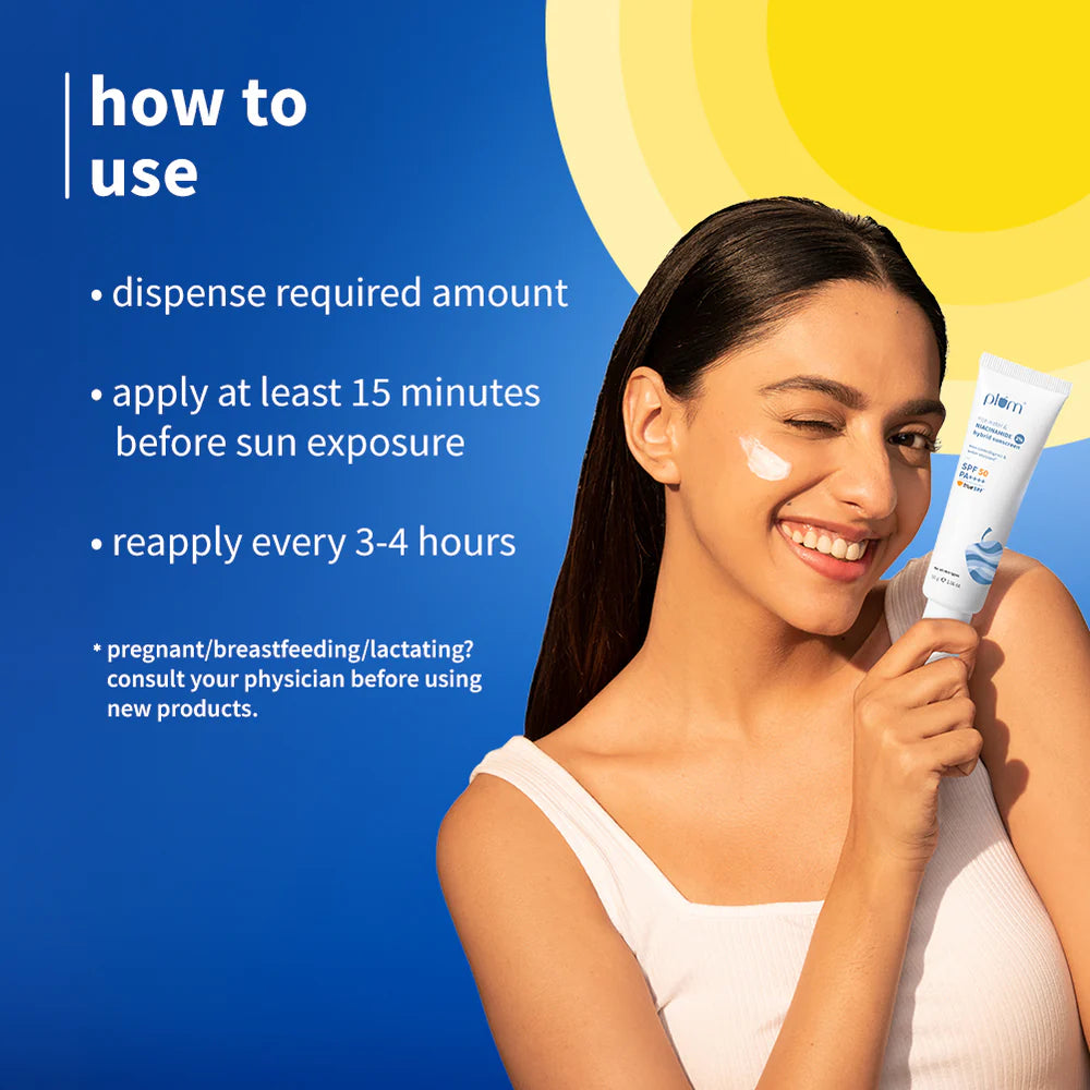 Plum 2% Niacinamide & Rice Water SPF 50 PA++++ Hybrid Sunscreen (50g) – Broad-Spectrum Protection & Brighter Skin