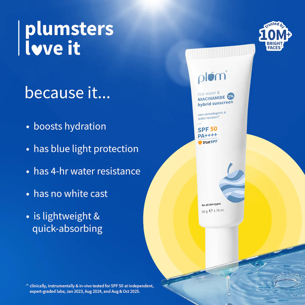 Plum 2% Niacinamide & Rice Water SPF 50 PA++++ Hybrid Sunscreen (50g) – Broad-Spectrum Protection & Brighter Skin