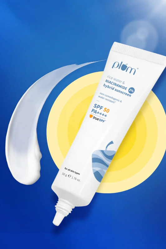 Plum 2% Niacinamide & Rice Water SPF 50 PA++++ Hybrid Sunscreen (50g) – Broad-Spectrum Protection & Brighter Skin
